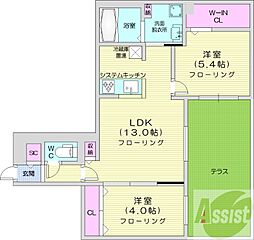 札幌市中央区南十条西13丁目マンション 2LDKの間取図画像