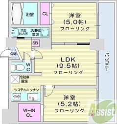 グレースコート円山北 2DKの間取図画像