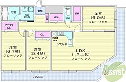 南円山シャトー桂和 3LDKの間取図画像