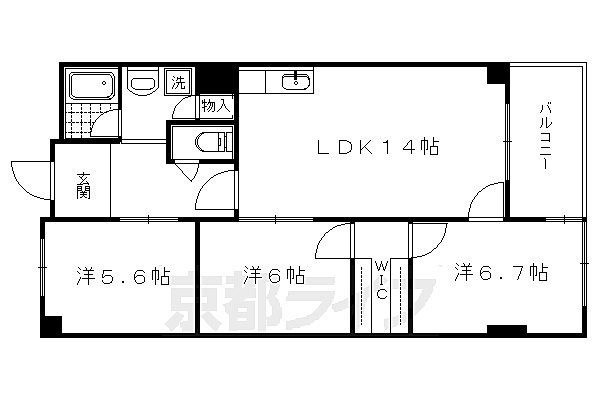 イヌイ星の子ハイツ 209｜京都府京都市上京区新白水丸町(賃貸マンション3LDK・2階・77.79㎡)の写真 その2