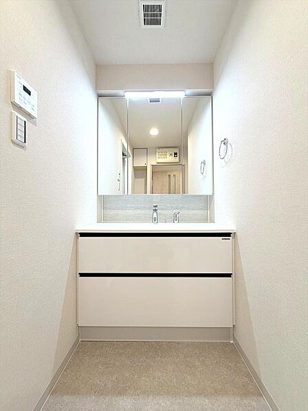 暮らしを快適に変えるシャワー付洗面台を採用。