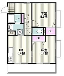 クレスト鶴見 2DKの間取図画像