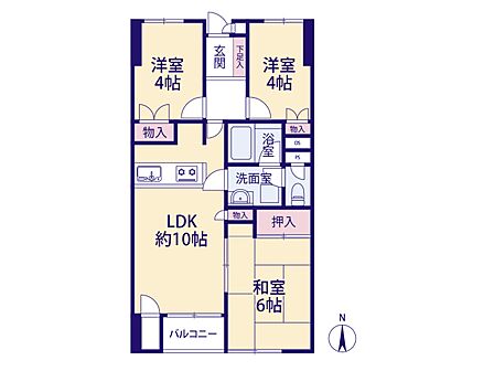 【間取図】南向きの3LDK 風通しの良い間取です