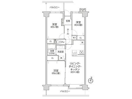【間取図】LDK11.5帖/洋室6.2帖/洋室5.7帖/洋室4.0帖/