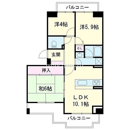 間取図両面バルコニーの3LDK