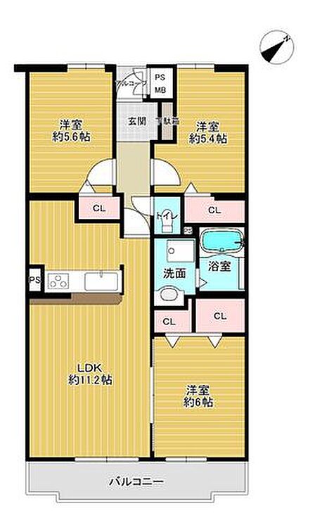 ■間取り図■南東向きバルコニーにつき陽当り・通風・眺望良好な3LDKの間取り■各居室に収納スペースを確保■