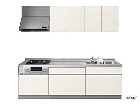 【同仕様写真】新品システムキッチンを設置予定です。収納はたっぷり入り使い易い引出式で、吊り戸棚付きです。