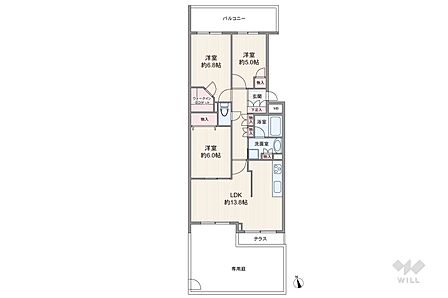 間取りは専有面積72.28平米の3LDK。専用庭付き、LDK約13.8帖の横長リビングのプラン。複数方向に採光部があり、バルコニー面積は2.96平米です。