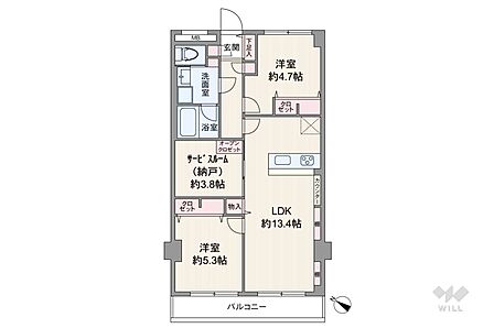間取りは専有面積63平米の2SLDK。LDK約13.4帖の縦長リビングのプラン。バルコニー面積は5.05平米です。