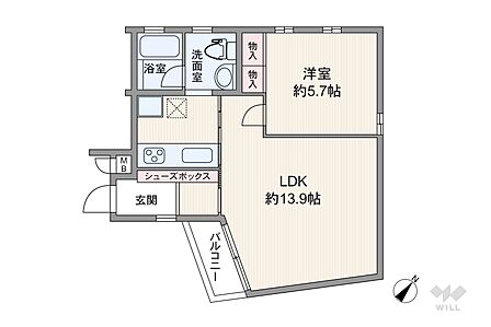 間取りは専有面積40.5平米の1LDK。LDK約13.9帖のプラン。バルコニー面積は3.6平米(概算)です。