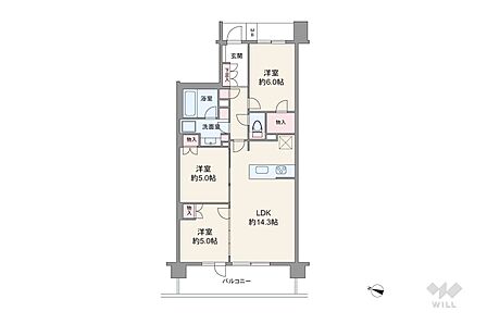 間取り図。69.15平米の3LDKタイプ。LDKに面した2部屋はウォールドアとスライドドアで仕切られているため、家族数に合わせてLDKとしてもお使いいただけます。