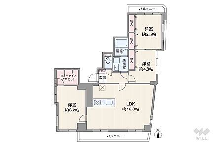 間取りは専有面積76.6平米の3LDK。LDK約16帖のプラン。バルコニー面積は6.9平米です。