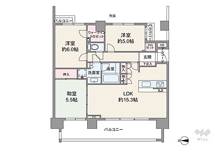 間取りは専有面積70.58平米の3LDK。LDK約15.3帖のプラン。バルコニー面積は16.4平米です。
