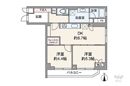 間取りは専有面積48.6平米の2DK。バルコニー面積は4.28平米です。