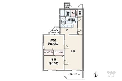 間取り：間取りは専有面積66.12平米の2LDK。バルコニー面積は6.93平米です。