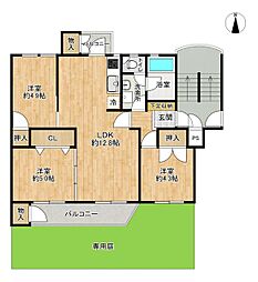谷津遊園ハイツ13・M号棟 3LDKの間取図画像