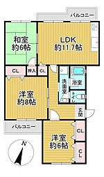 府公社梅が丘南住宅A-5棟 3LDKの間取図画像