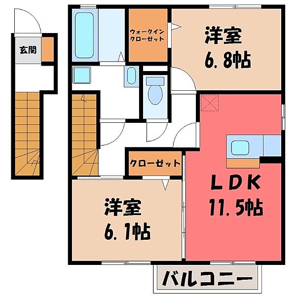 グレイスコート雅 A ｜栃木県宇都宮市中岡本町(賃貸アパート2LDK・2階・65.31㎡)の写真 その2