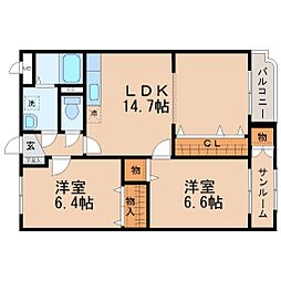 パーシモン 2LDKの間取図画像