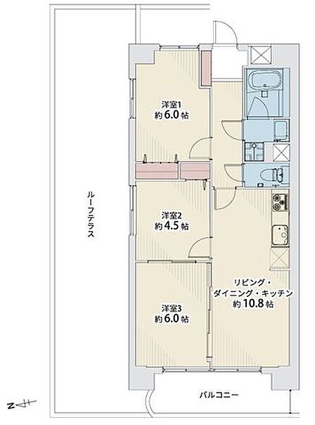 最上階・3方角角部屋住戸。約64.91m2のルーフバルコニーが魅力の住まいです。