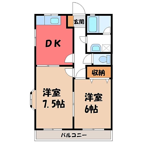 栃木県宇都宮市松原1丁目(賃貸マンション2DK・3階・43.74㎡)の写真 その2