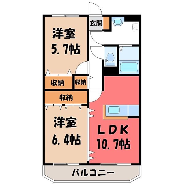 栃木県宇都宮市簗瀬町(賃貸マンション2LDK・3階・55.51㎡)の写真 その2