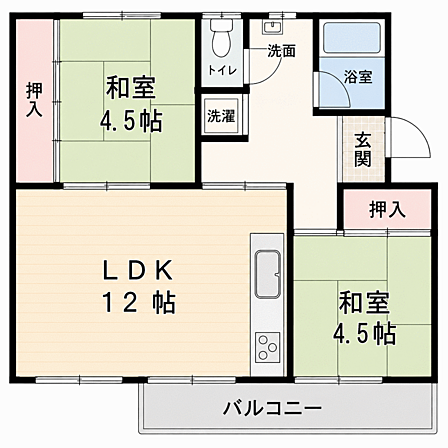 LDK約12帖を中心に和室2部屋を配置した、使い勝手の良い2LDKプランです。