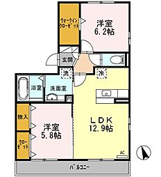 サン・ハニー小本本町A棟 2LDKの間取図画像