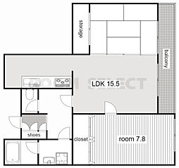 タウン唐山F棟 2LDKの間取図画像