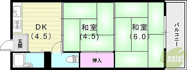 山野井ハイツ ｜兵庫県尼崎市南武庫之荘7丁目(賃貸アパート2DK・1階・30.00㎡)の写真 その2