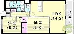 メルヴェユ伊丹 2LDKの間取図画像