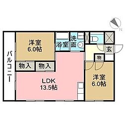 バロワール宝神 2LDKの間取図画像