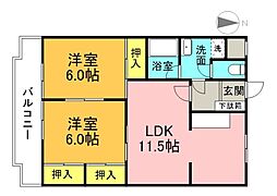 広島電鉄宮島線 修大協創中高前駅 徒歩18分の賃貸マンション 2階2LDKの間取り