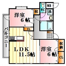 JR可部線 梅林駅 徒歩5分の賃貸マンション 1階2LDKの間取り