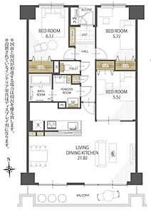 間取り：対面キッチンで開放的な21.8帖のLDKです♪