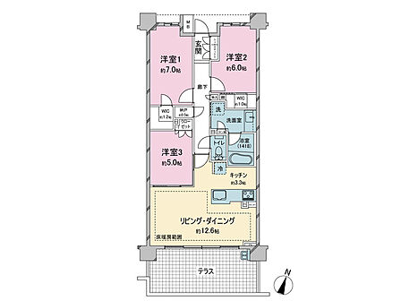 専有面積76.68m2の3LDK。約12.6帖のLDに床暖房を備え、カウンターキッチンを採用。