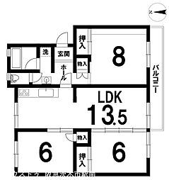 茨木郡山B住宅A-13棟 3LDKの間取図画像
