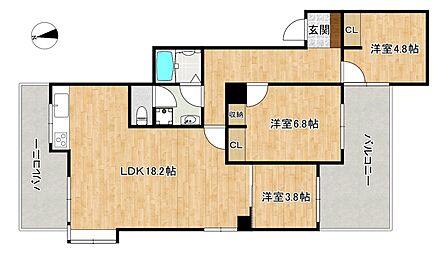 家具配置のしやすい広々としたLDKが魅力的な3LDKの間取り図
