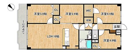 全居室洋室でウォークインクローゼットを備えた4LDKの間取り図