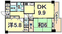 クレマンス甲東園 2DKの間取図画像