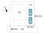 区画図です。駐車は2台可能。前面道路も広さがあるため落ち着いて駐車できます。
