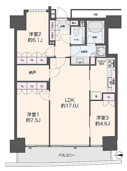 間取図 3LDK+納戸専有面積:79.76m2(24.12坪)※壁芯バルコニー面積:10.65m2各居室にCLを完備し、納戸や下足入れもあり、収納豊富。長めの良いバルコニーも魅力。