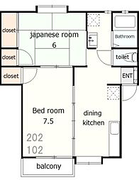 サンライフ中A棟 2DKの間取図画像