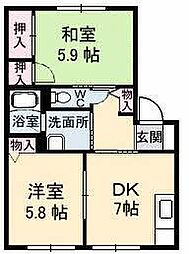 アンジュウデヤD 2DKの間取図画像