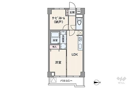 間取りは専有面積40.5平米の1SLDK。全居室洋室仕様の縦長リビングプラン。バルコニー側の洋室はLDKとつなげて使うことも出来ます。バルコニー面積は4.77平米です。
