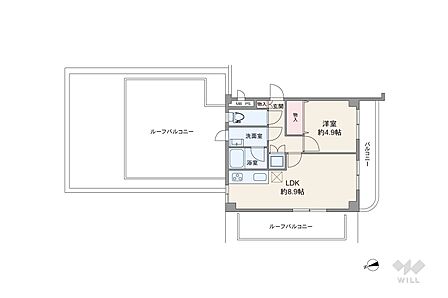 41平米の広々としたルーフバルコニーが魅力のお部屋です。最上階の三方角部屋で、1フロア1邸となっており、独立性の高い住戸になっております。