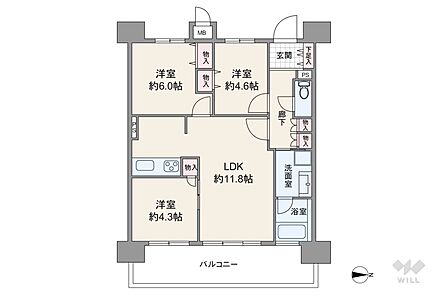間取りは専有面積60.31平米の3LDK。バルコニー面積は12.58平米です。