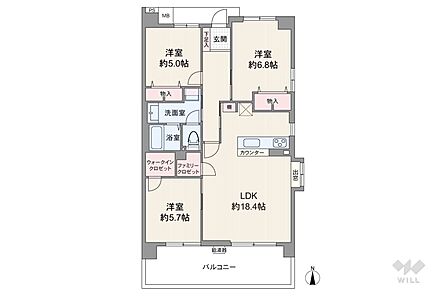 間取りは専有面積80平米の3LDK。バルコニー面積は11.8平米です。