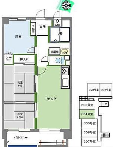 エクセレント米子 304｜鳥取県米子市万能町(賃貸マンション3LDK・3階・61.60㎡)の写真 その2
