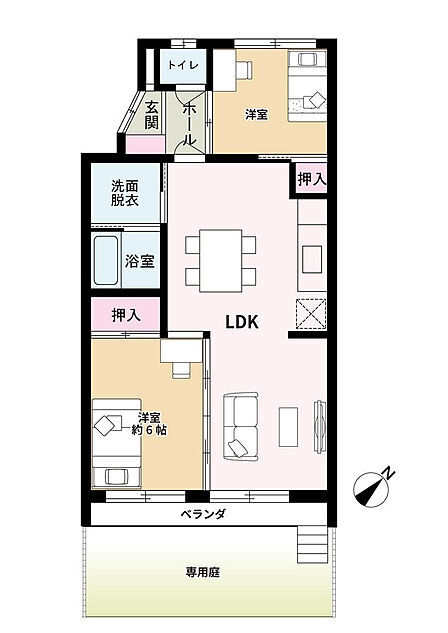 LDK中心の使いやすい2LDK+専用庭付き住戸
